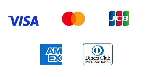VISA, Mastercard, JCB, American Express, Diners Club, Discover